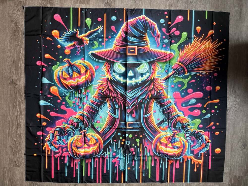 Neon Halloween Scarecrow and Pumpkin UV Reactive Tapestry